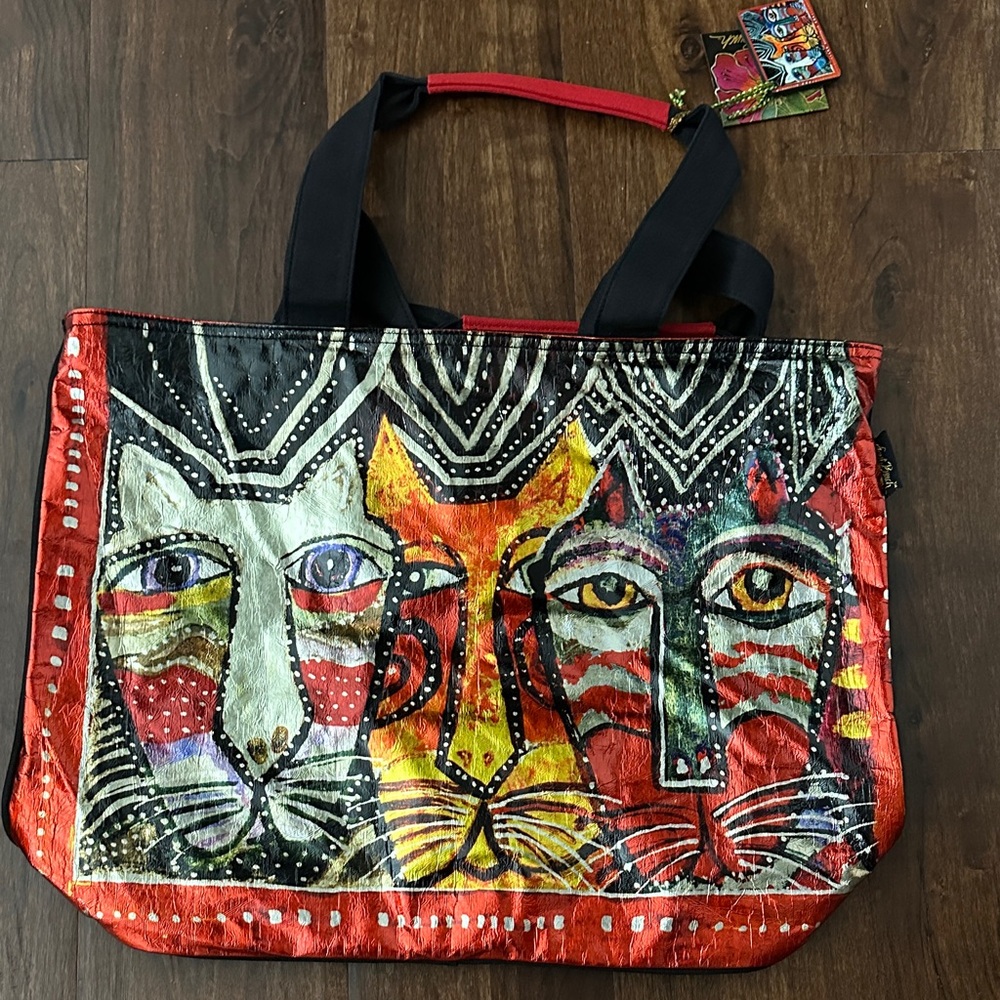 Laurel Burch Shiny Metallic Multicolor Cat Art Tote NEW